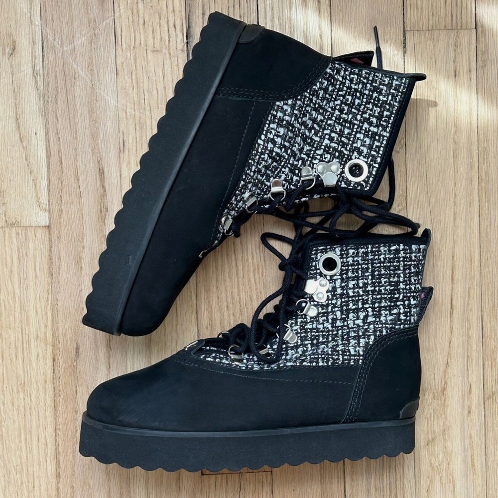 NWOT $450 Larroude Vail Boots black white leather woven lace up women’s …